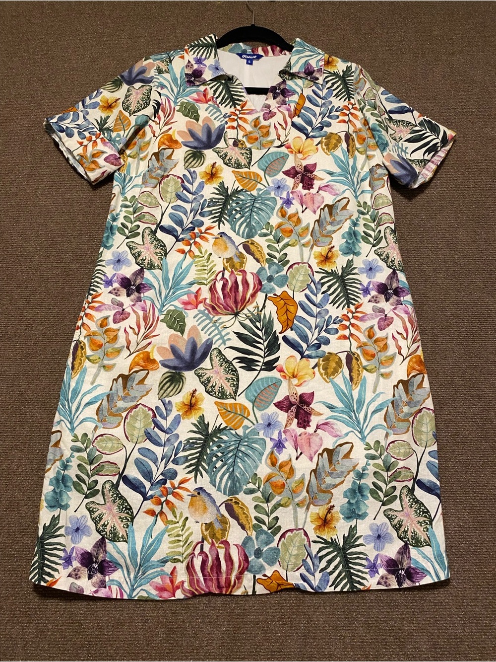 Yiume Afternoon Garden Linen Hawaiian V-Neck Dress Tropical Floral Small